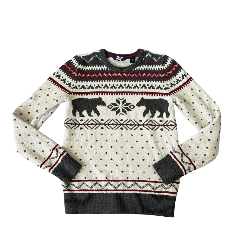 Lands End Womens S Cotton Fair Isle Bear Snowflake Christmas Sweater Apre Ski